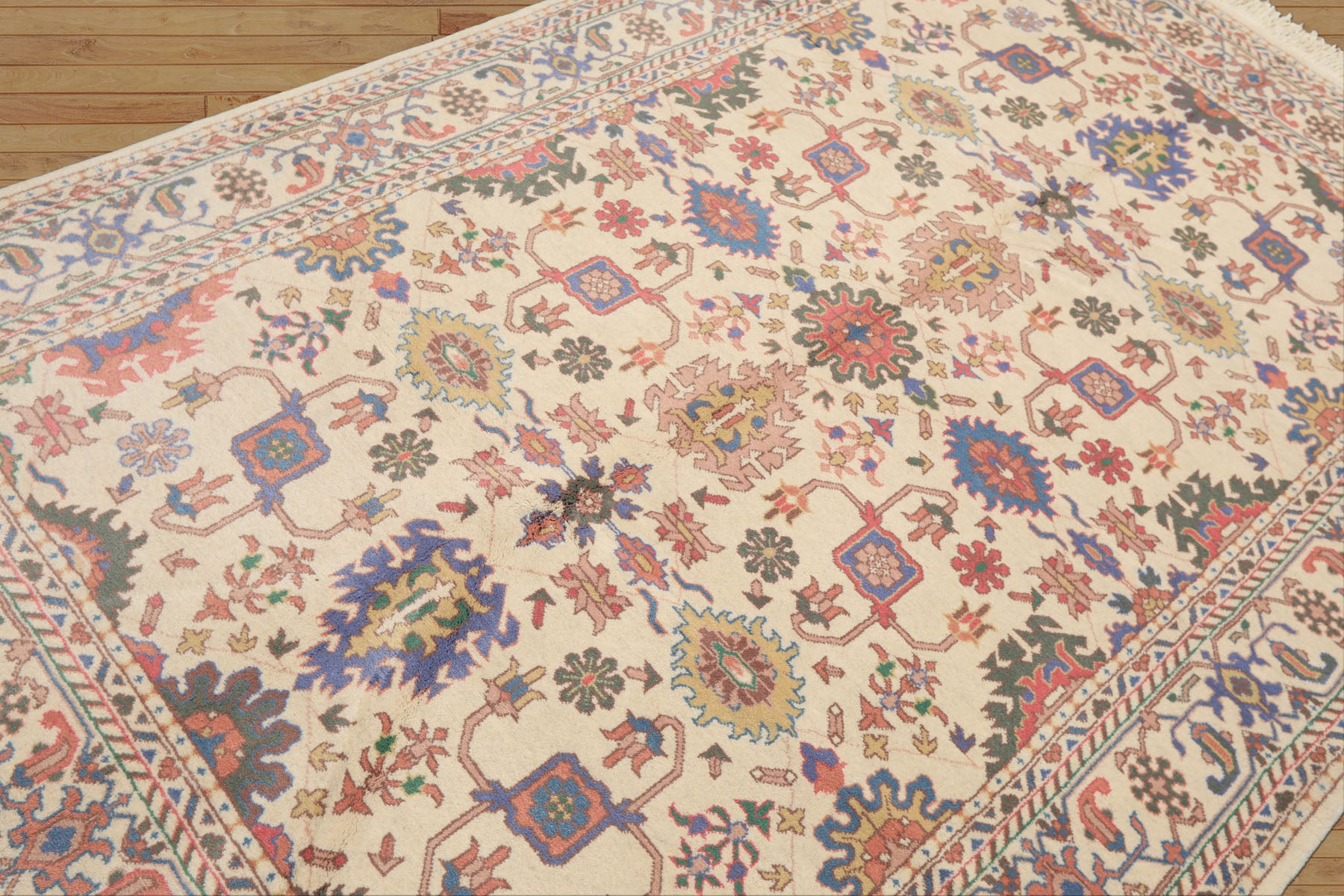 5x8 Ivory, Aqua, Lime Color Hand Knotted Oushak Wool Arts & Crafts Oriental Rug