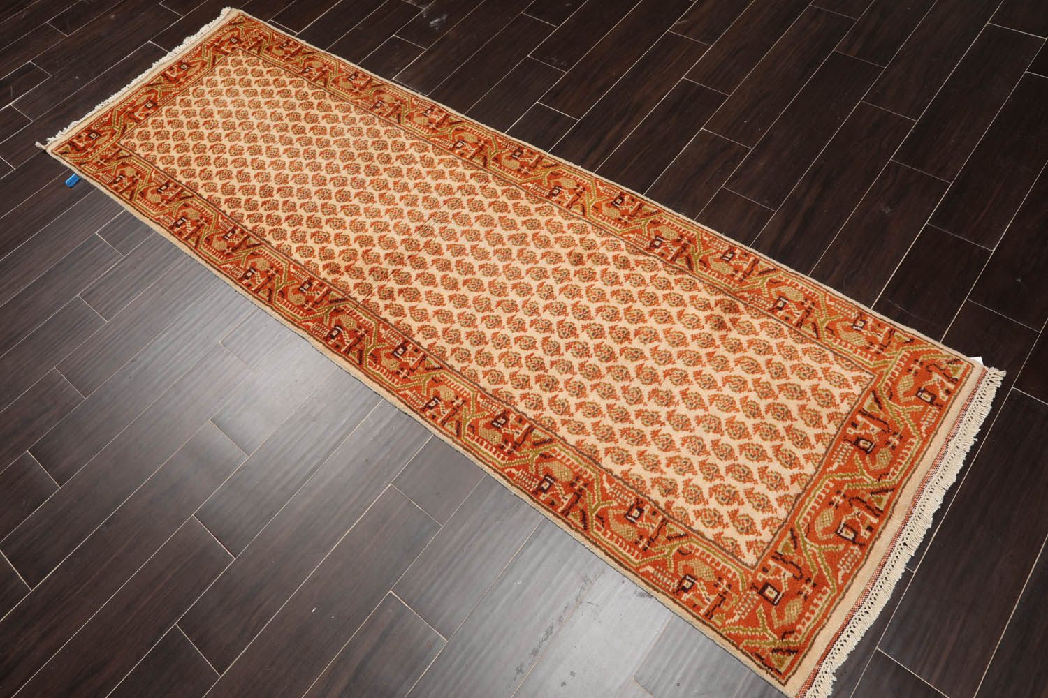 Runner Beige, Burnt Orange, Mustard Color Hand Knotted All-Over 100% Wool Traditional Oriental Rug