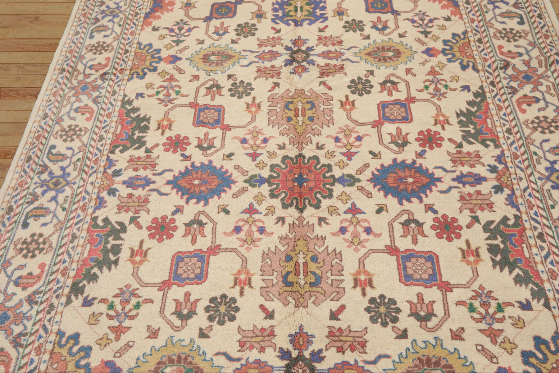 5x8 Ivory, Aqua, Lime Color Hand Knotted Oushak Wool Arts & Crafts Oriental Rug