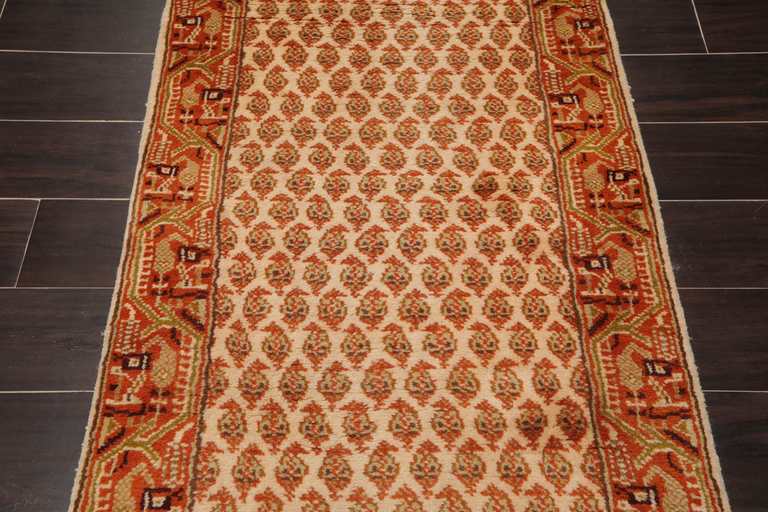 Runner Beige, Burnt Orange, Mustard Color Hand Knotted All-Over 100% Wool Traditional Oriental Rug