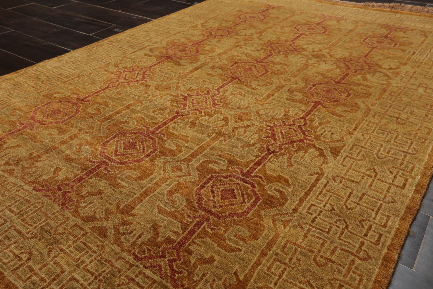 4x6 Gold, Rust, Green Color Hand Knotted Tibetan Wool Transitional Oriental Rug