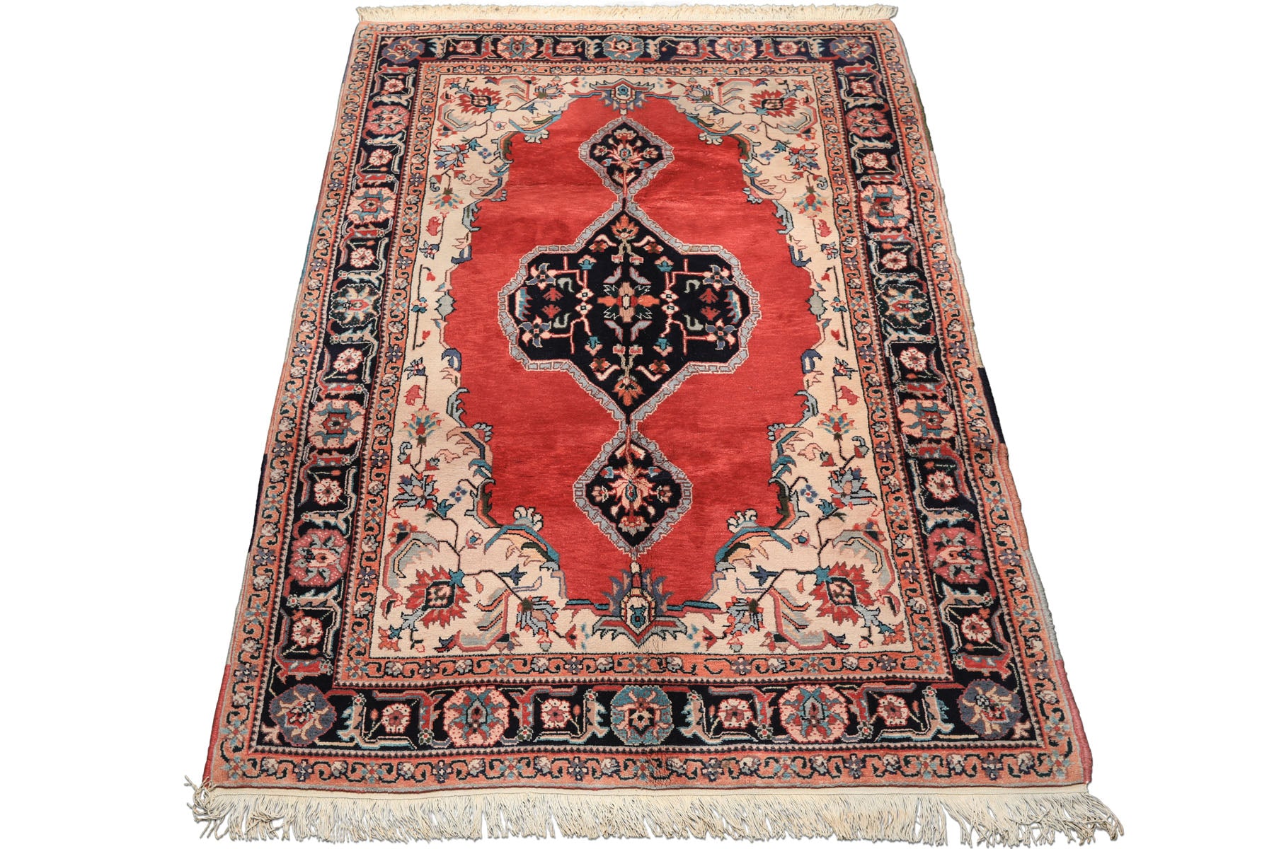6x9 Ruby Red, Beige, Aqua Color Hand Knotted Indo Tabriz Wool Traditional Oriental Rug