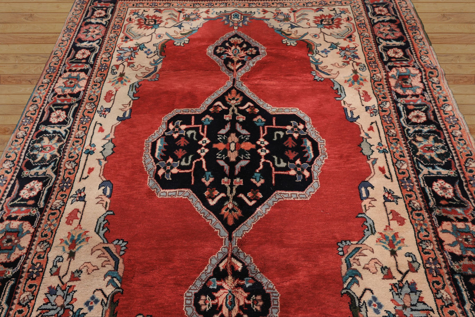 6x9 Ruby Red, Beige, Aqua Color Hand Knotted Indo Tabriz Wool Traditional Oriental Rug