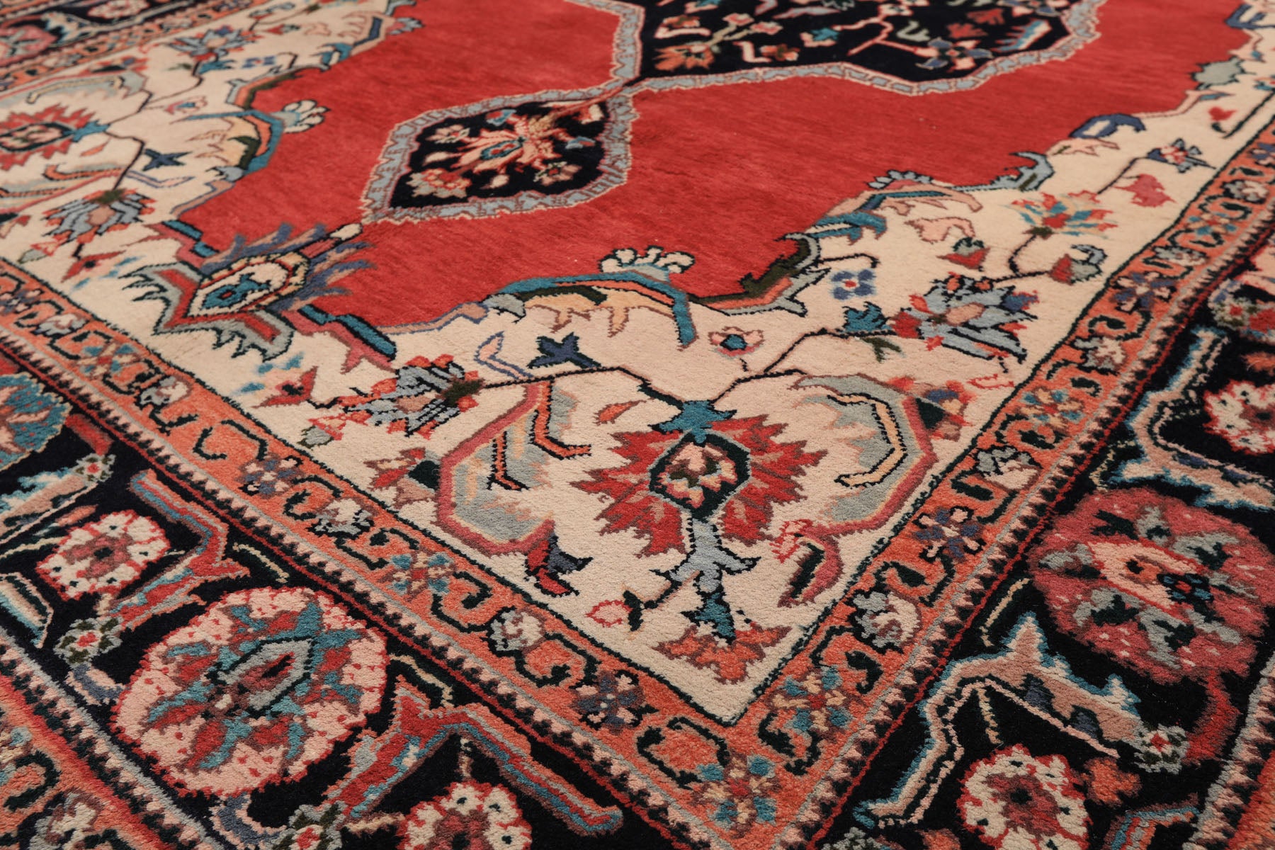 6x9 Ruby Red, Beige, Aqua Color Hand Knotted Indo Tabriz Wool Traditional Oriental Rug