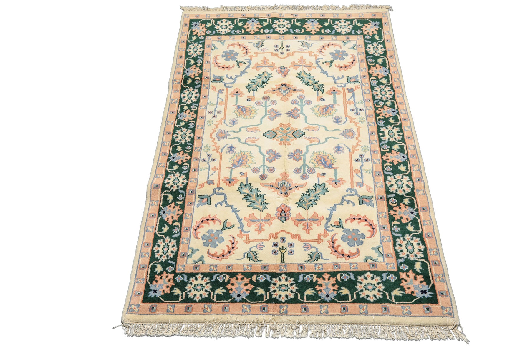 6x9 Ivory, Green, Peach Color Hand Knotted Indo Heriz Wool Traditional Oriental Rug