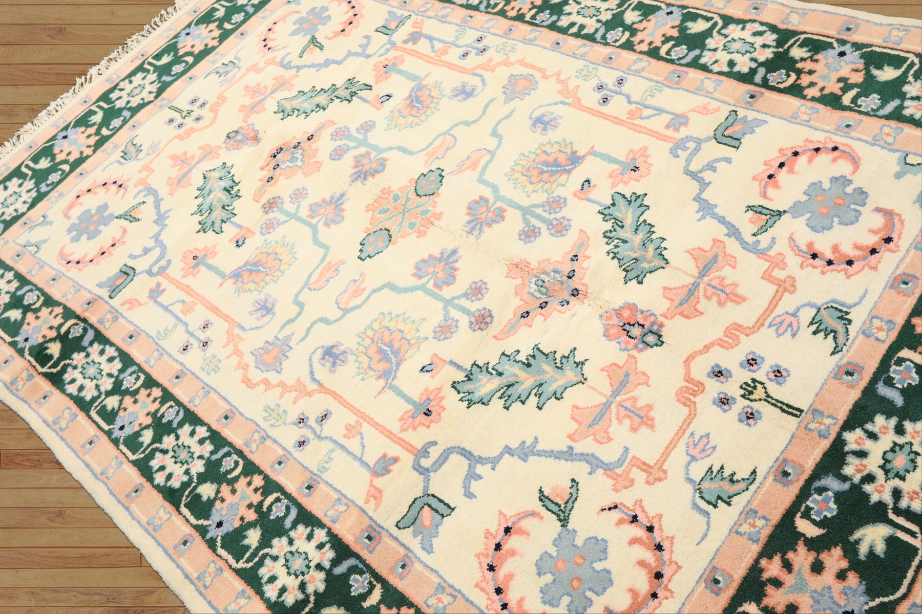 6x9 Ivory, Green, Peach Color Hand Knotted Indo Heriz Wool Traditional Oriental Rug