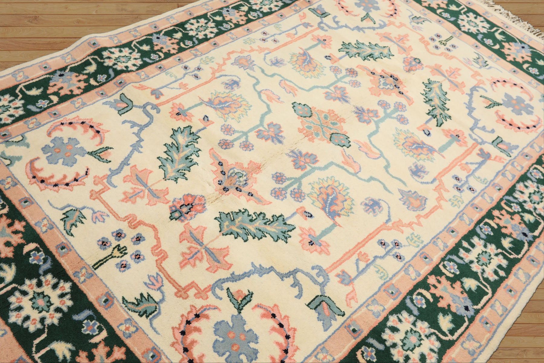 6x9 Ivory, Green, Peach Color Hand Knotted Indo Heriz Wool Traditional Oriental Rug