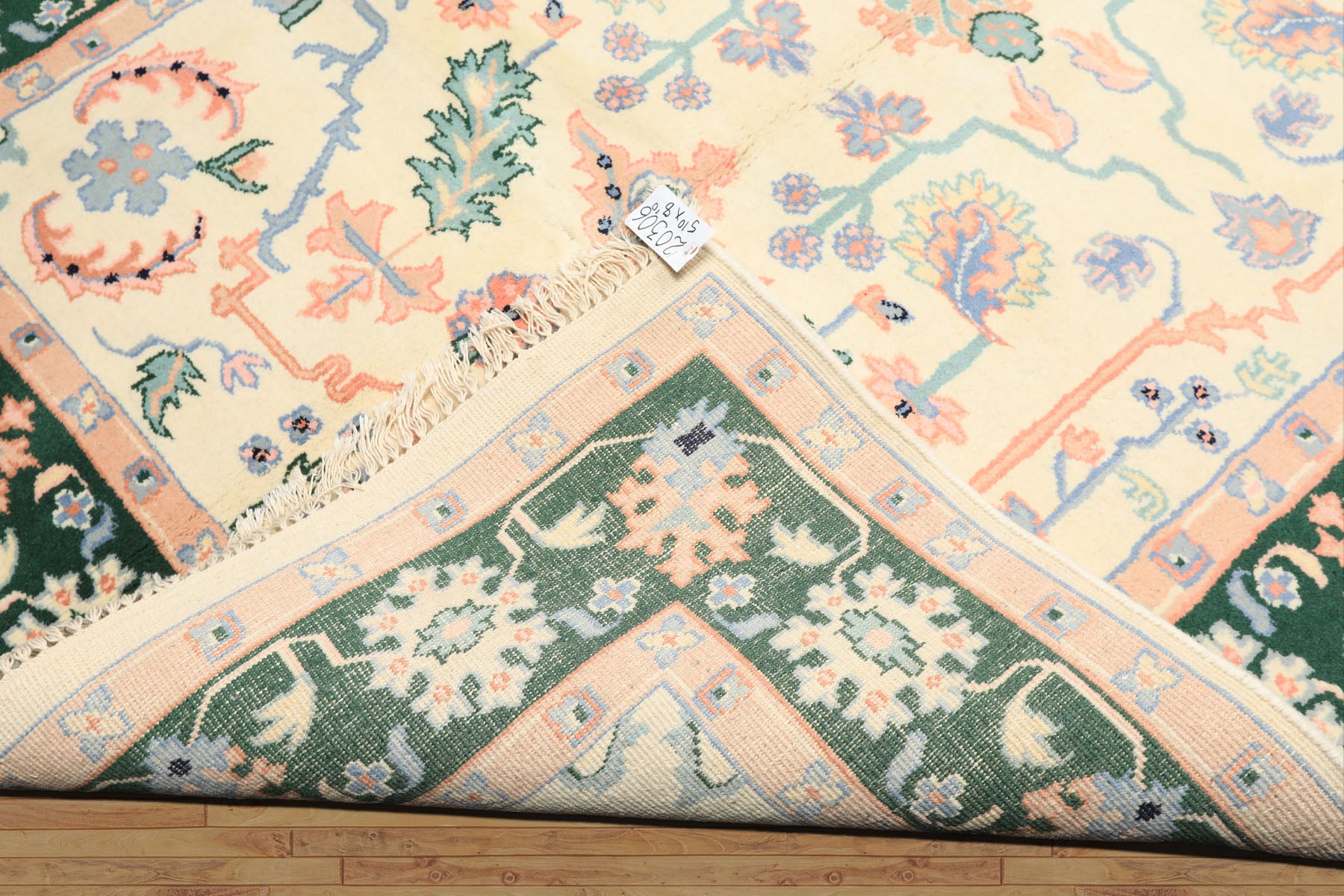 6x9 Ivory, Green, Peach Color Hand Knotted Indo Heriz Wool Traditional Oriental Rug