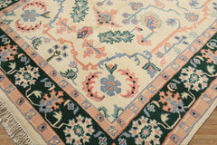 6x9 Ivory, Green, Peach Color Hand Knotted Indo Heriz Wool Traditional Oriental Rug