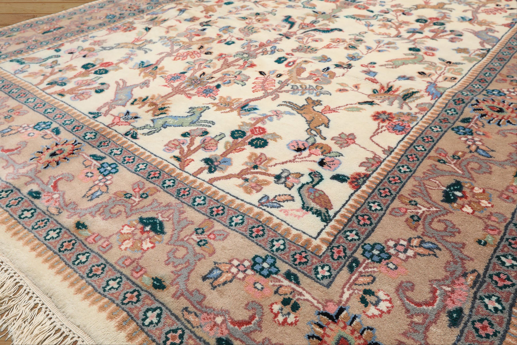 6x9 Ivory, Peach, Gray Color Hand Knotted Indo Persian Wool Traditional Oriental Rug