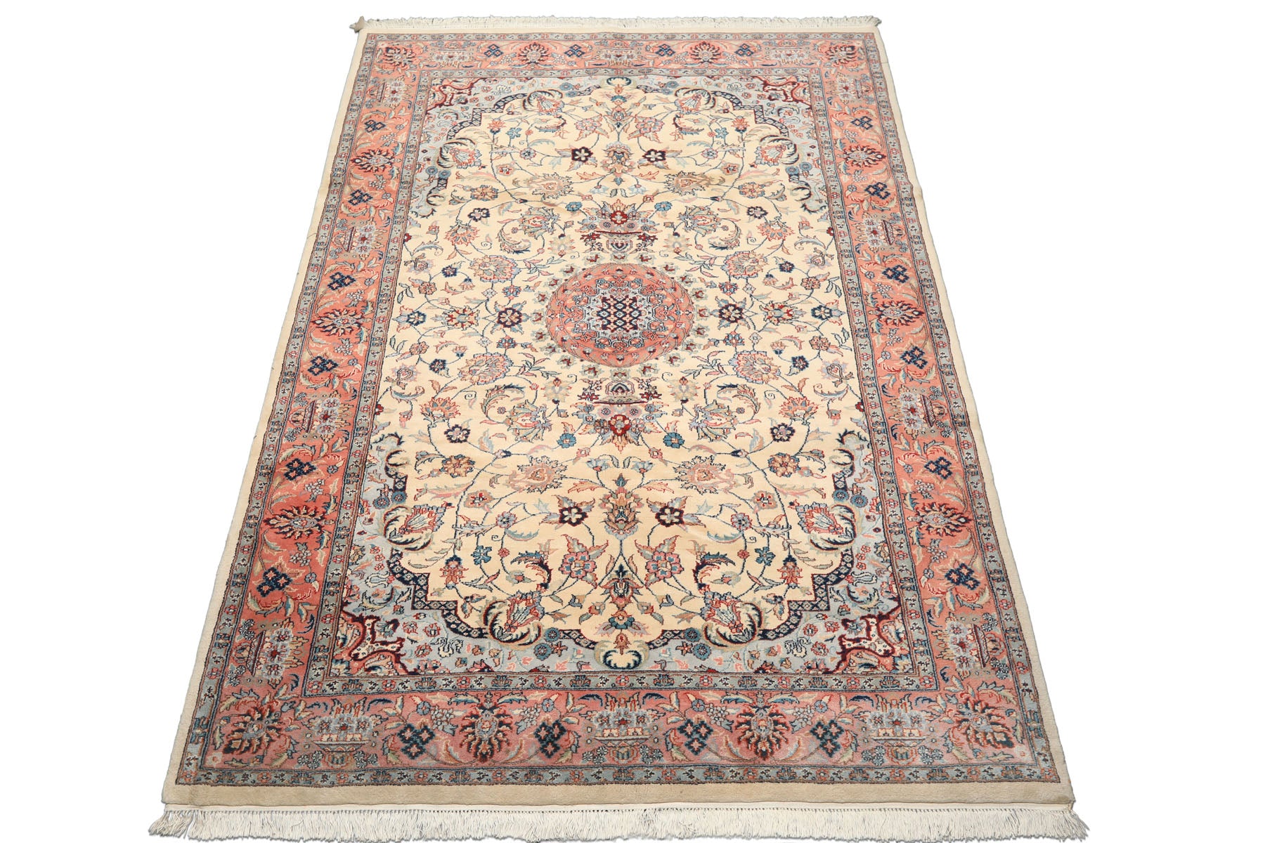 6x10 Ivory, Rose, Blue Color Hand Knotted Indo Tabriz New Zealand Wool Traditional Oriental Rug