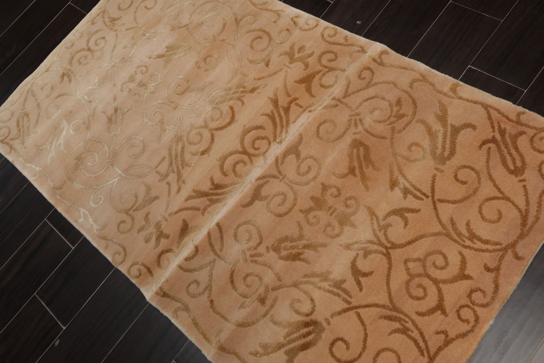 3x5 Tan, Light Peach, Color Hand Knotted Tibetan Wool & Silk Transitional Oriental Rug