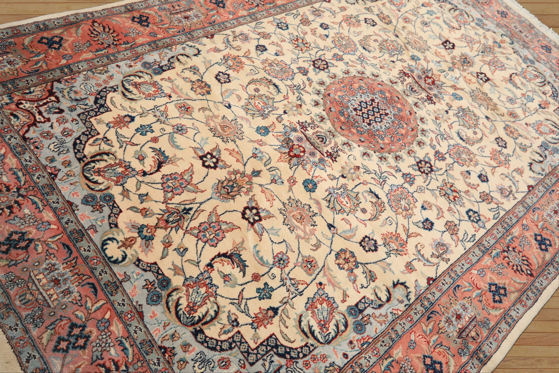 6x10 Ivory, Rose, Blue Color Hand Knotted Indo Tabriz New Zealand Wool Traditional Oriental Rug