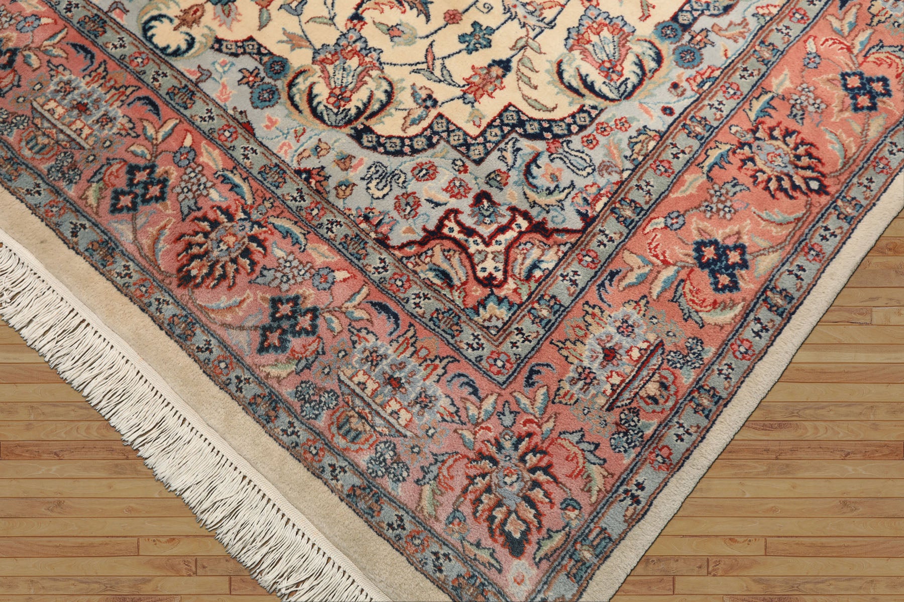 6x10 Ivory, Rose, Blue Color Hand Knotted Indo Tabriz New Zealand Wool Traditional Oriental Rug