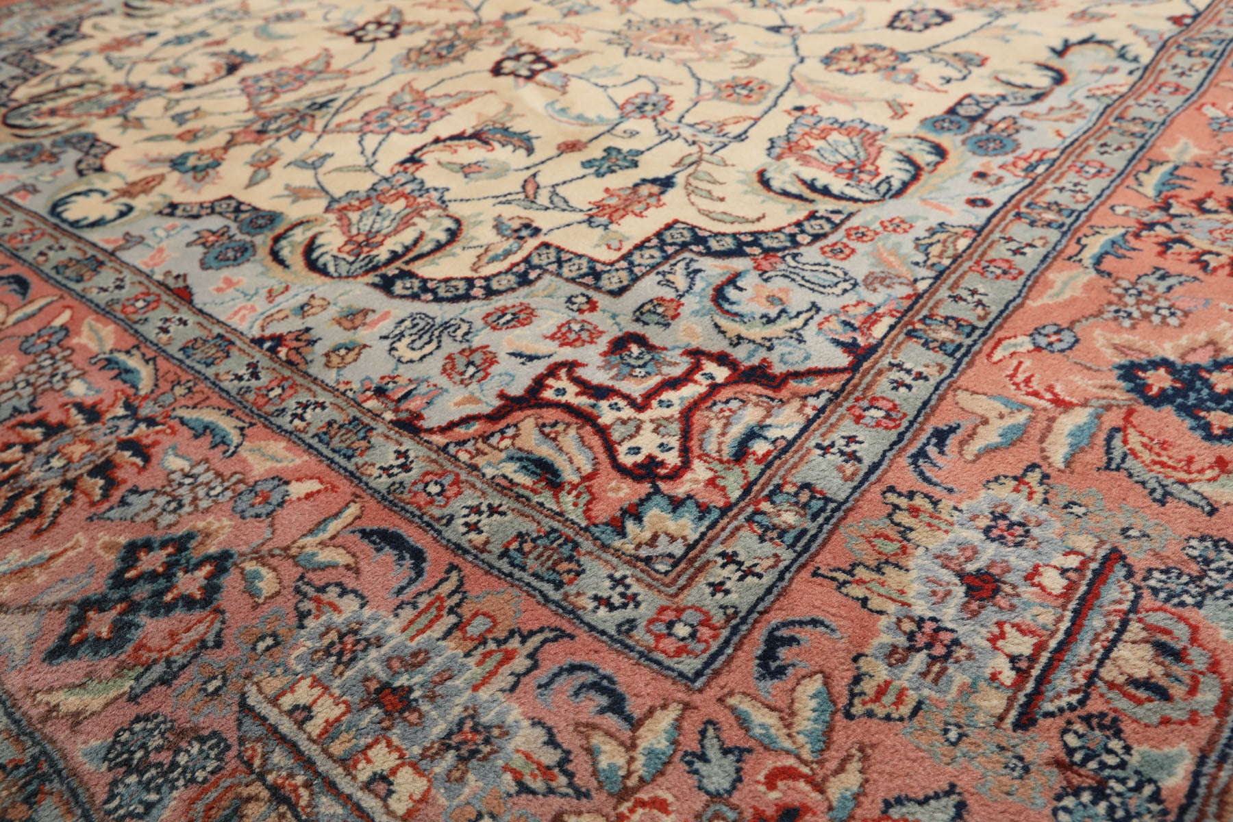 6x10 Ivory, Rose, Blue Color Hand Knotted Indo Tabriz New Zealand Wool Traditional Oriental Rug