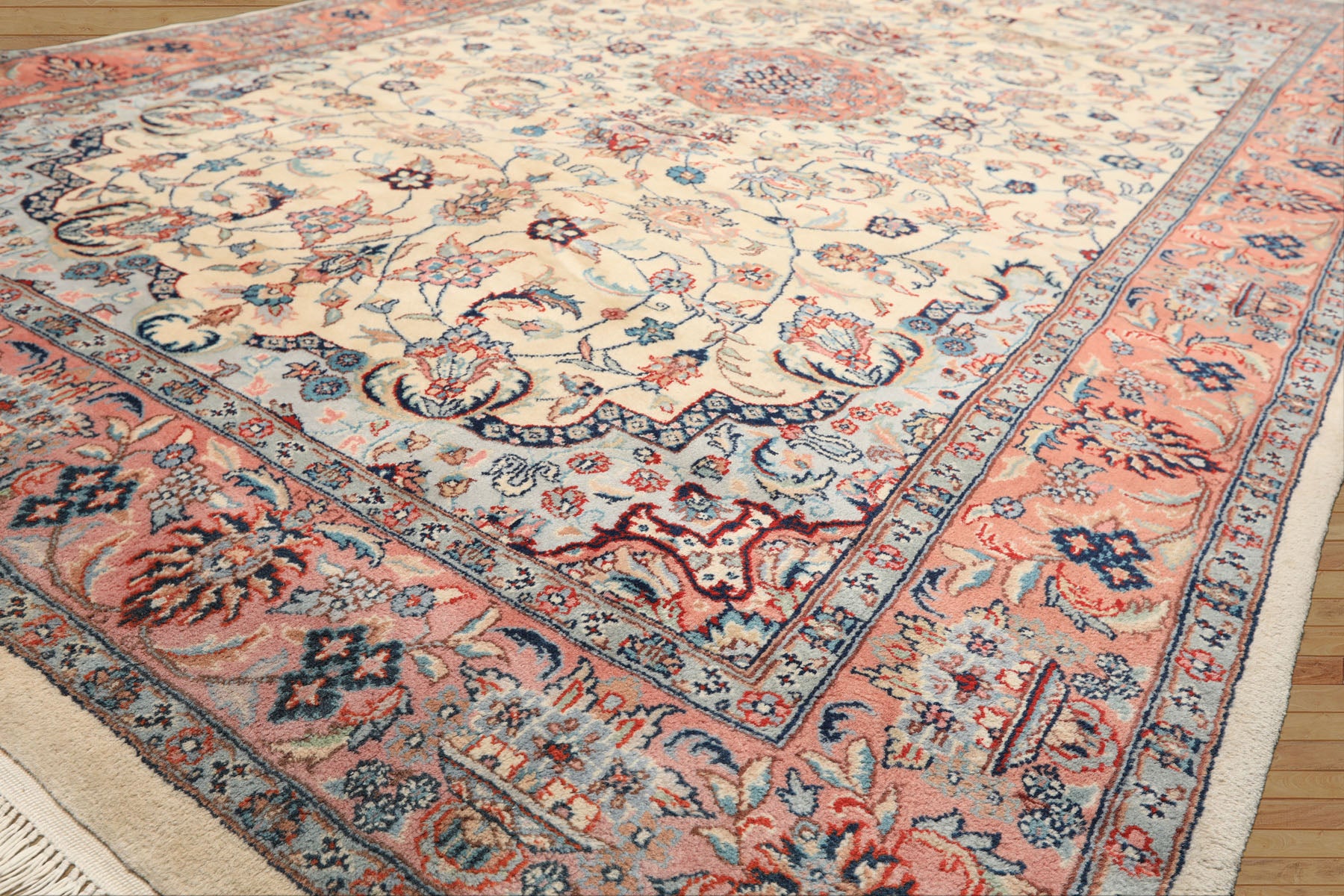 6x10 Ivory, Rose, Blue Color Hand Knotted Indo Tabriz New Zealand Wool Traditional Oriental Rug