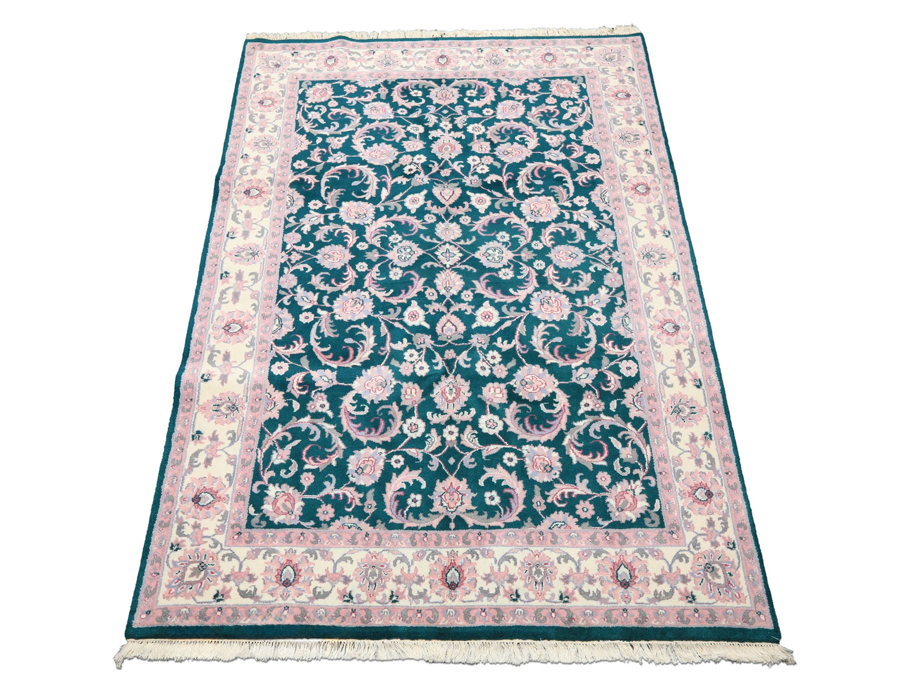 6x9 Emerald, Ivory, Pink Color Hand Knotted Indo Kashan Wool Traditional Oriental Rug