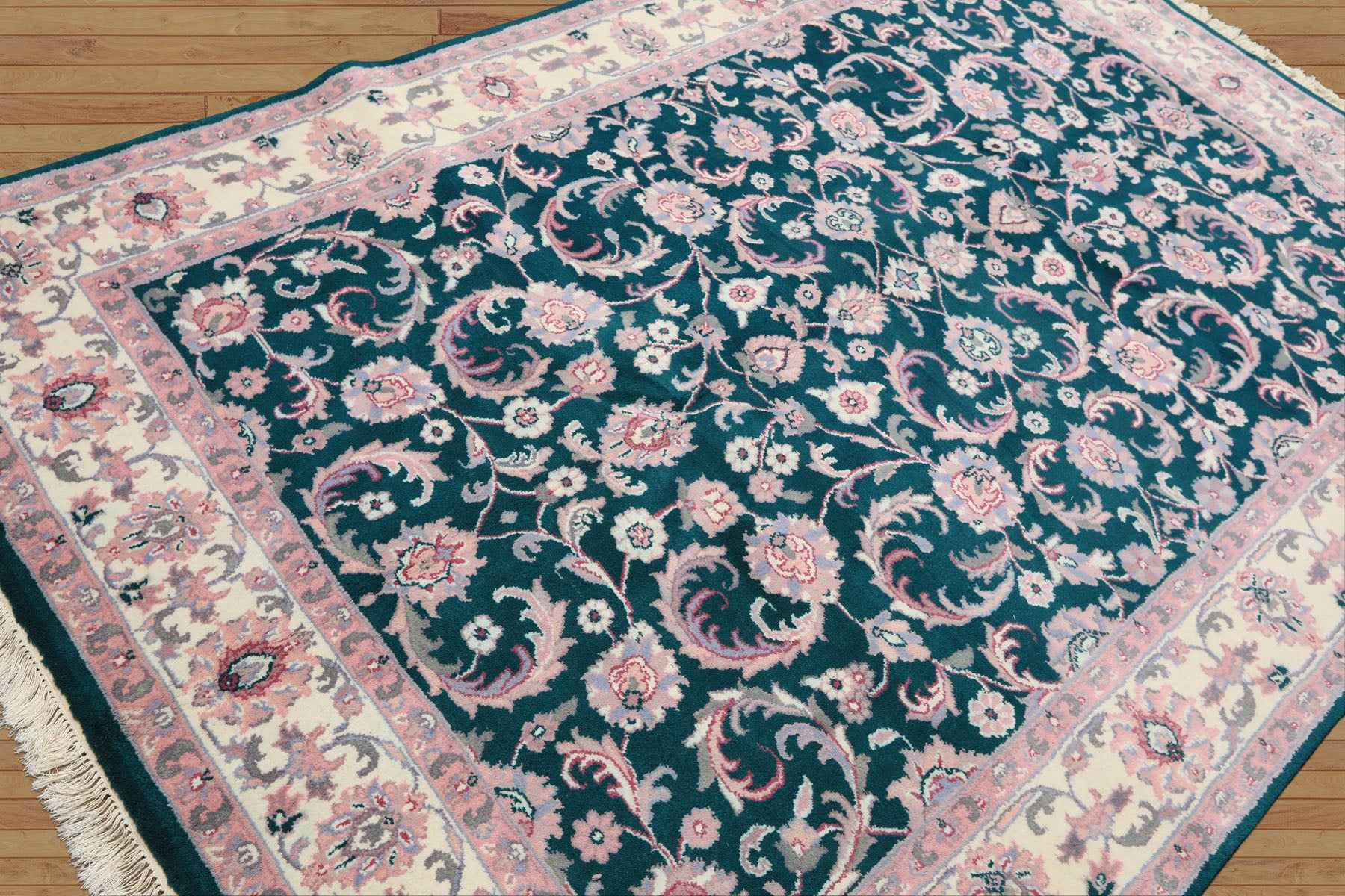 6x9 Emerald, Ivory, Pink Color Hand Knotted Indo Kashan Wool Traditional Oriental Rug