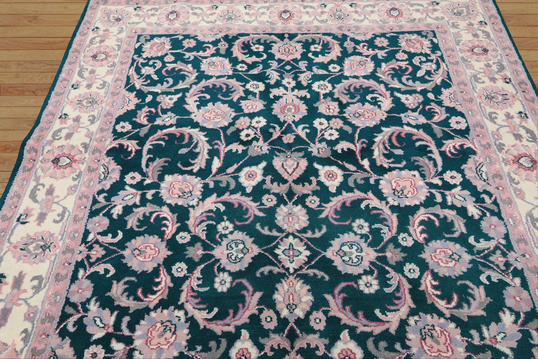 6x9 Emerald, Ivory, Pink Color Hand Knotted Indo Kashan Wool Traditional Oriental Rug