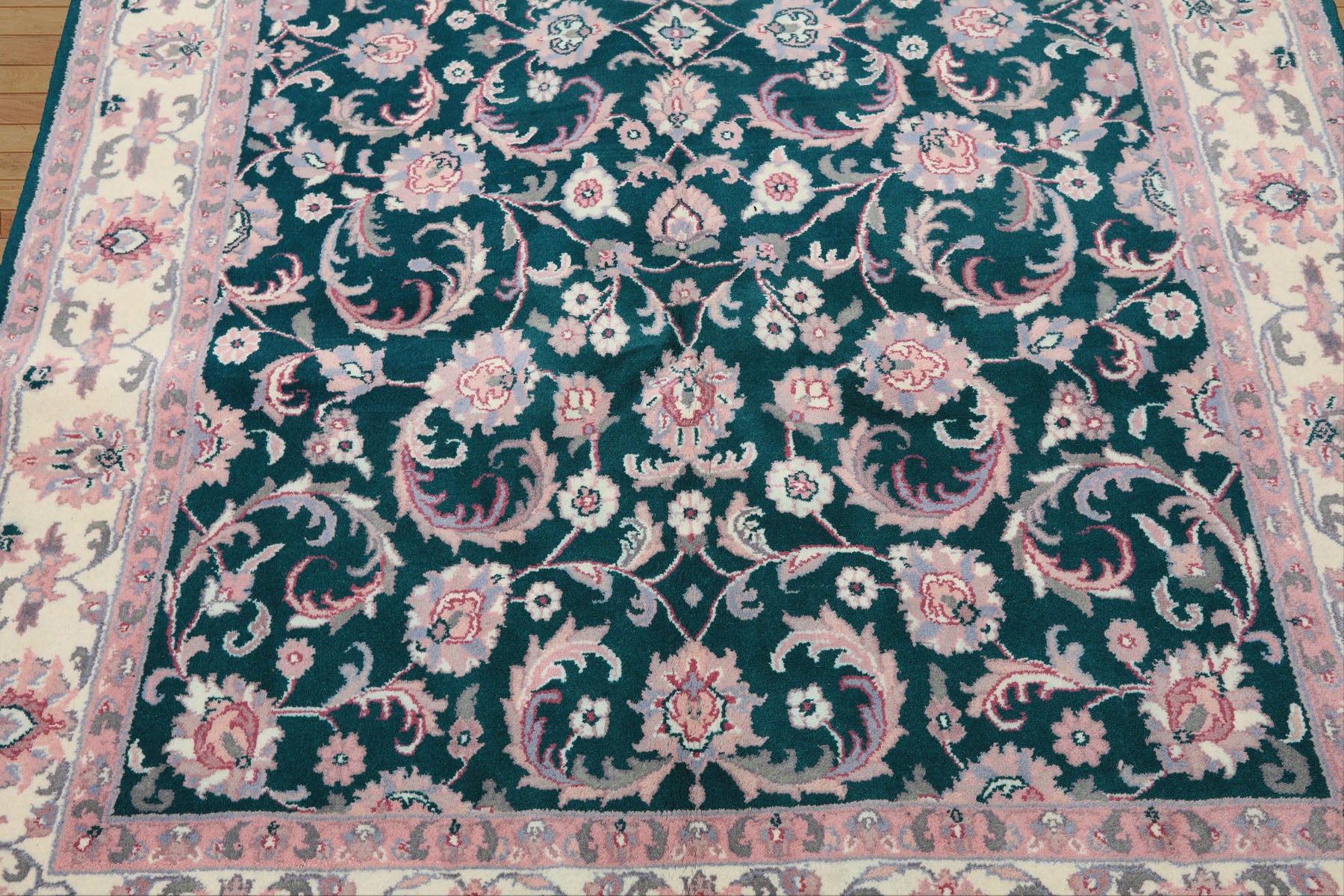 6x9 Emerald, Ivory, Pink Color Hand Knotted Indo Kashan Wool Traditional Oriental Rug