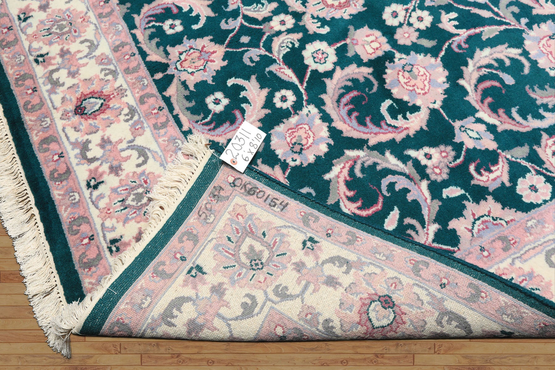 6x9 Emerald, Ivory, Pink Color Hand Knotted Indo Kashan Wool Traditional Oriental Rug