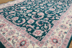 6x9 Emerald, Ivory, Pink Color Hand Knotted Indo Kashan Wool Traditional Oriental Rug