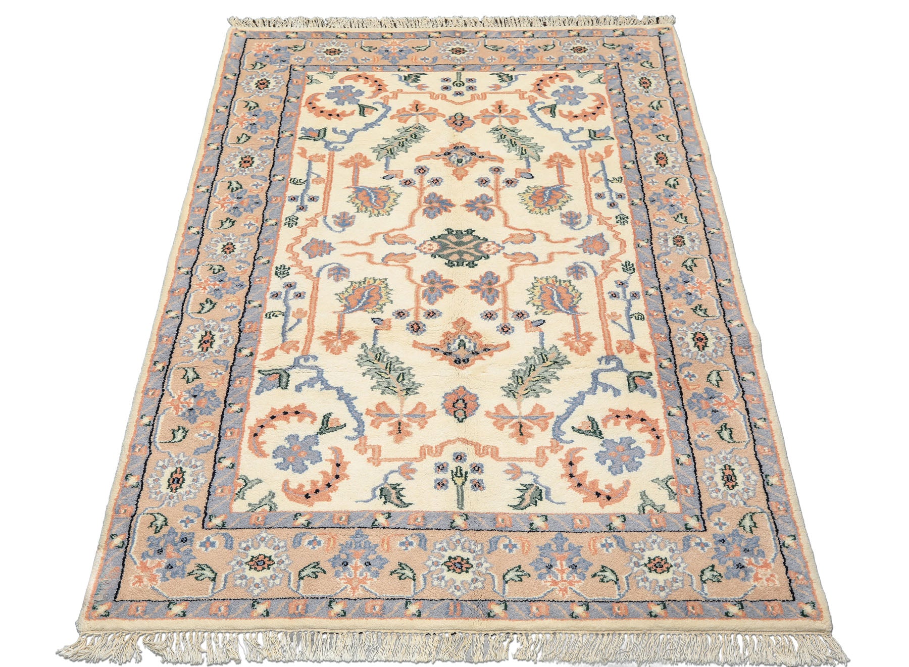 6x9 Ivory, Peach, Blue Color Hand Knotted Indo Persian Wool Traditional Oriental Rug