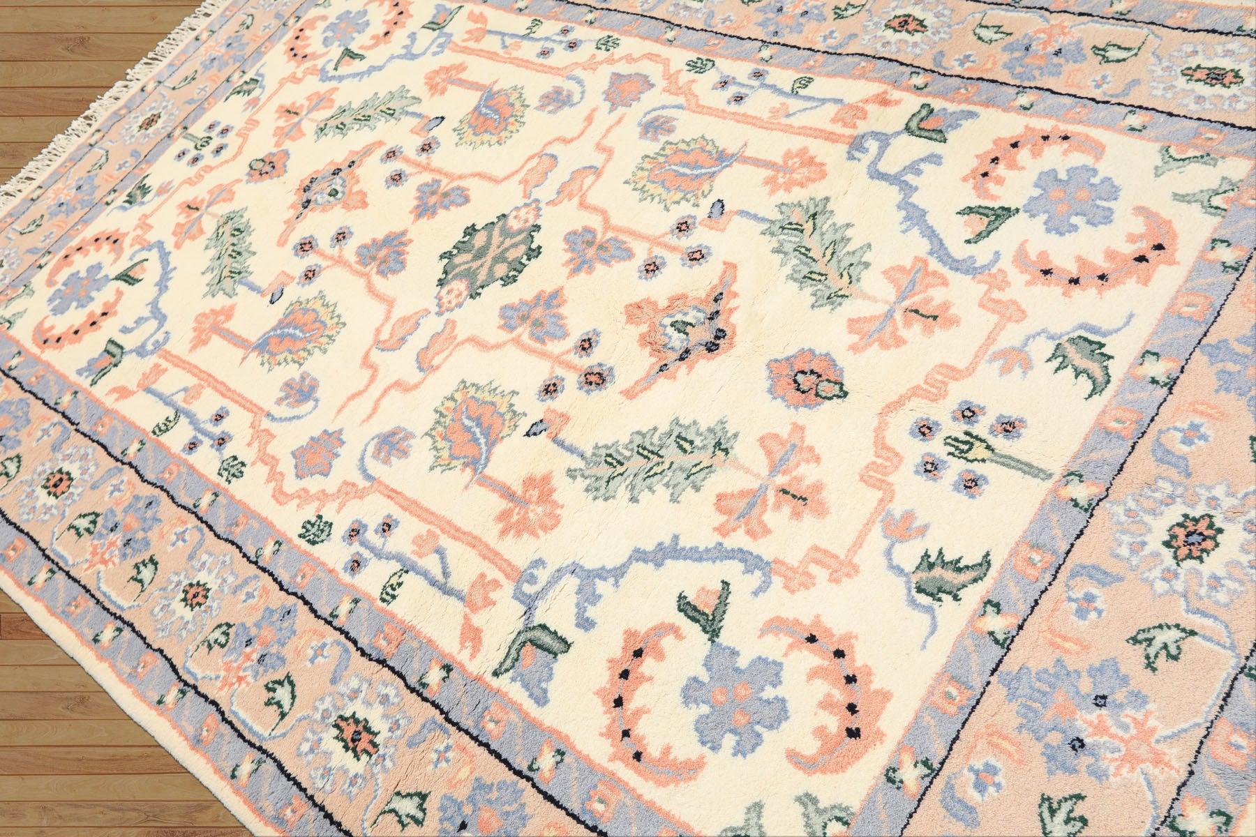 6x9 Ivory, Peach, Blue Color Hand Knotted Indo Persian Wool Traditional Oriental Rug