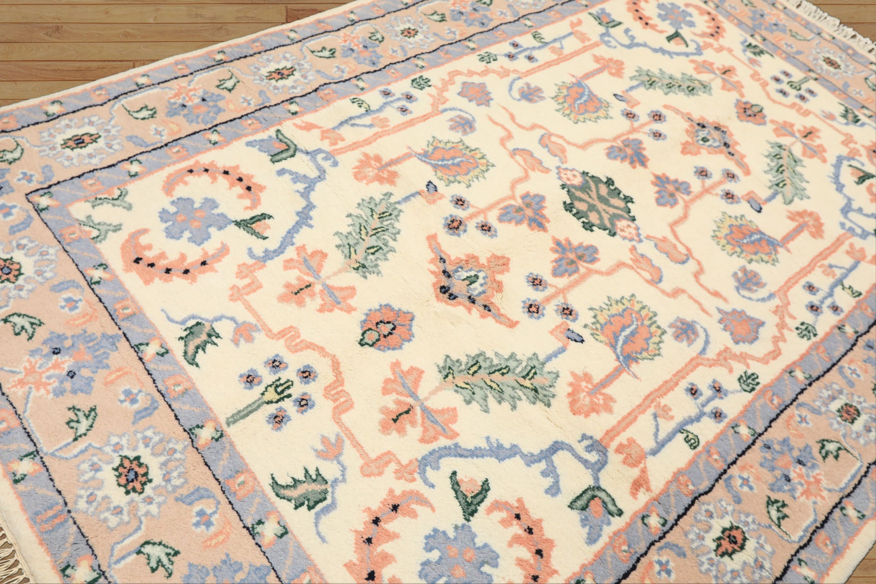 6x9 Ivory, Peach, Blue Color Hand Knotted Indo Persian Wool Traditional Oriental Rug