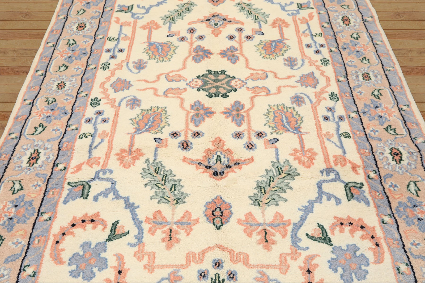 6x9 Ivory, Peach, Blue Color Hand Knotted Indo Persian Wool Traditional Oriental Rug