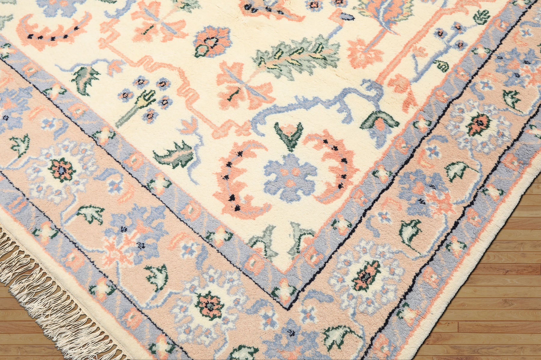 6x9 Ivory, Peach, Blue Color Hand Knotted Indo Persian Wool Traditional Oriental Rug