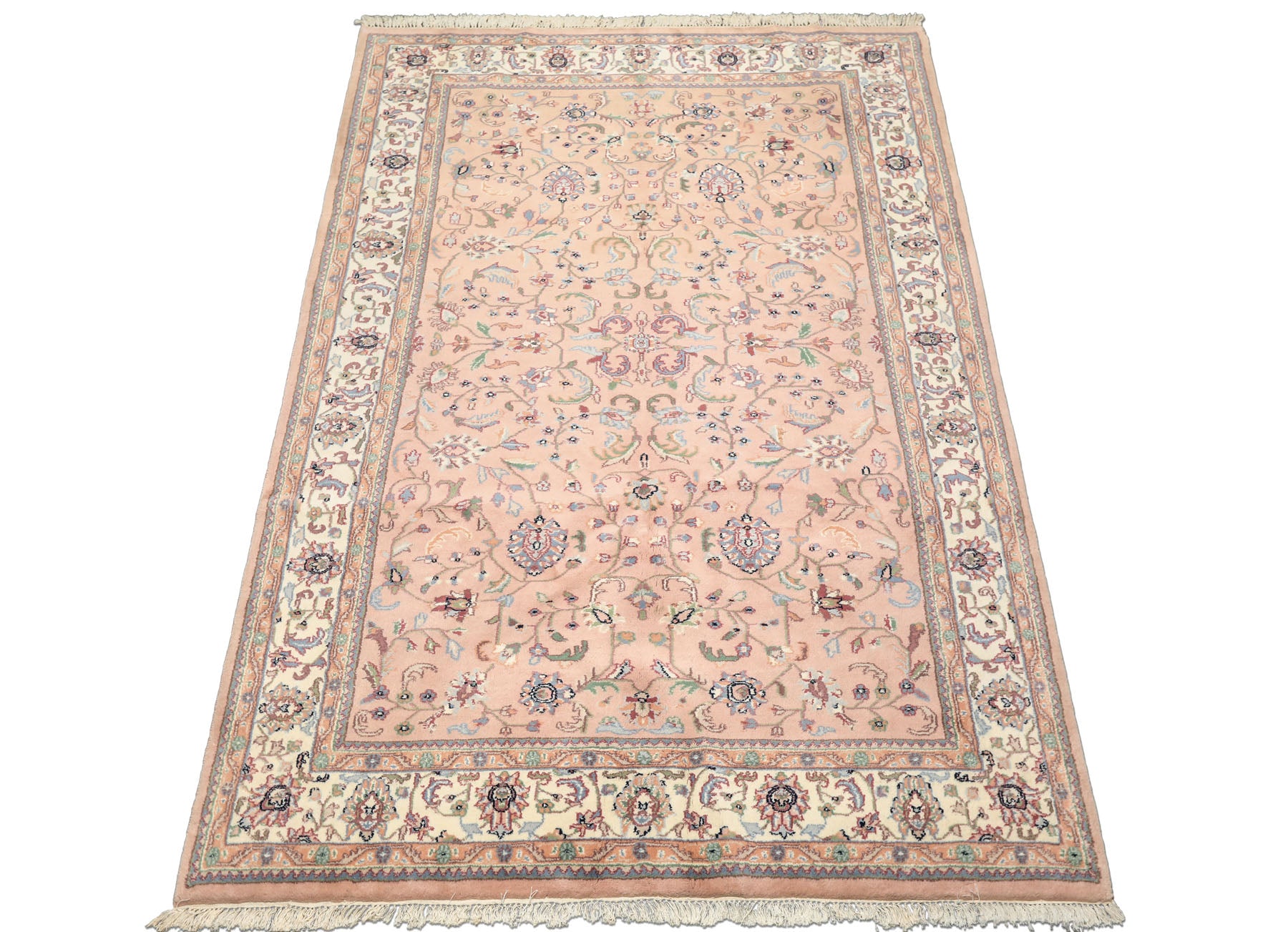 6x9 Baby Pink, Ivory, Aqua Color Hand Knotted Indo Kashan Wool Traditional Oriental Rug