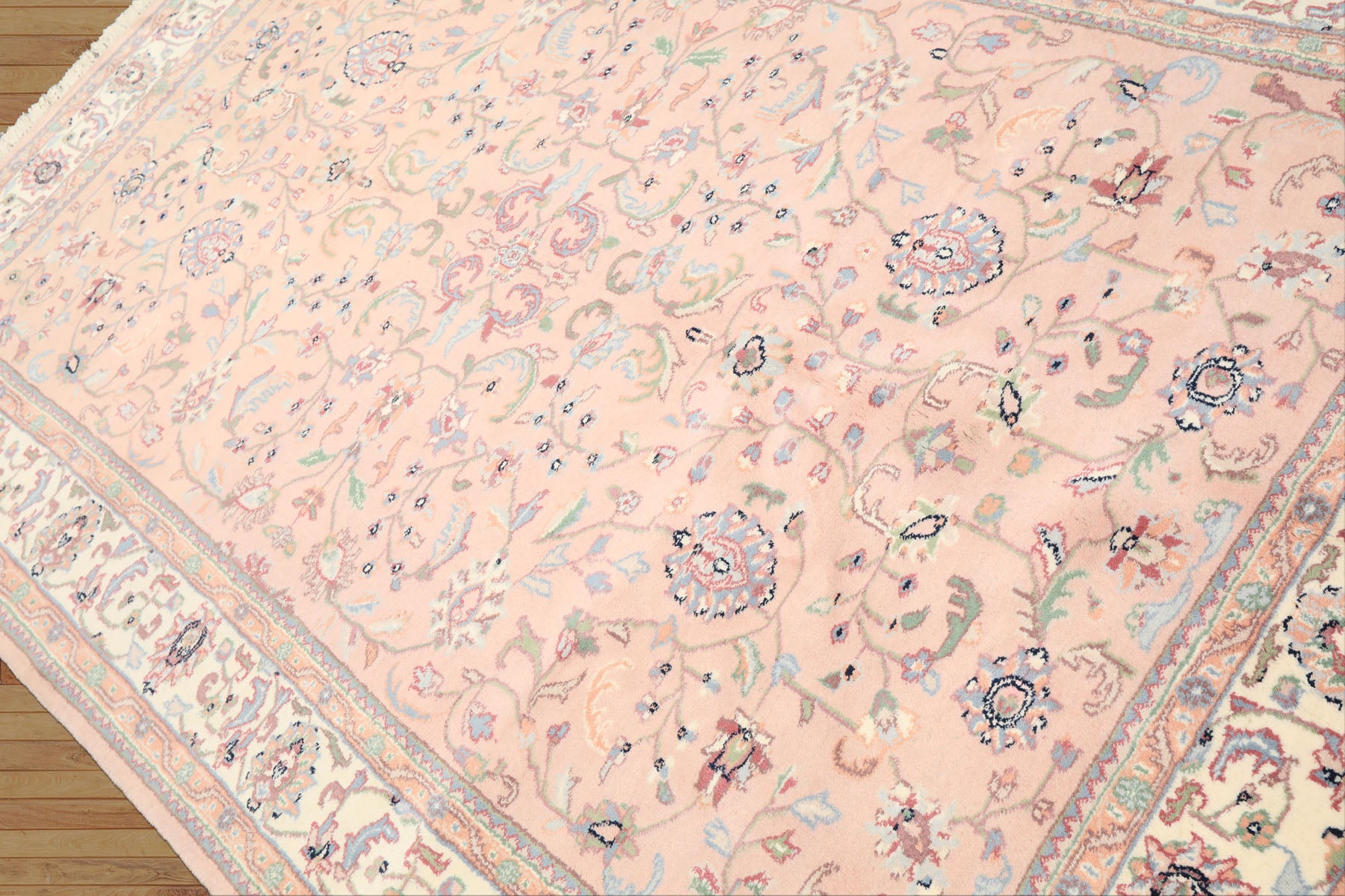 6x9 Baby Pink, Ivory, Aqua Color Hand Knotted Indo Kashan Wool Traditional Oriental Rug