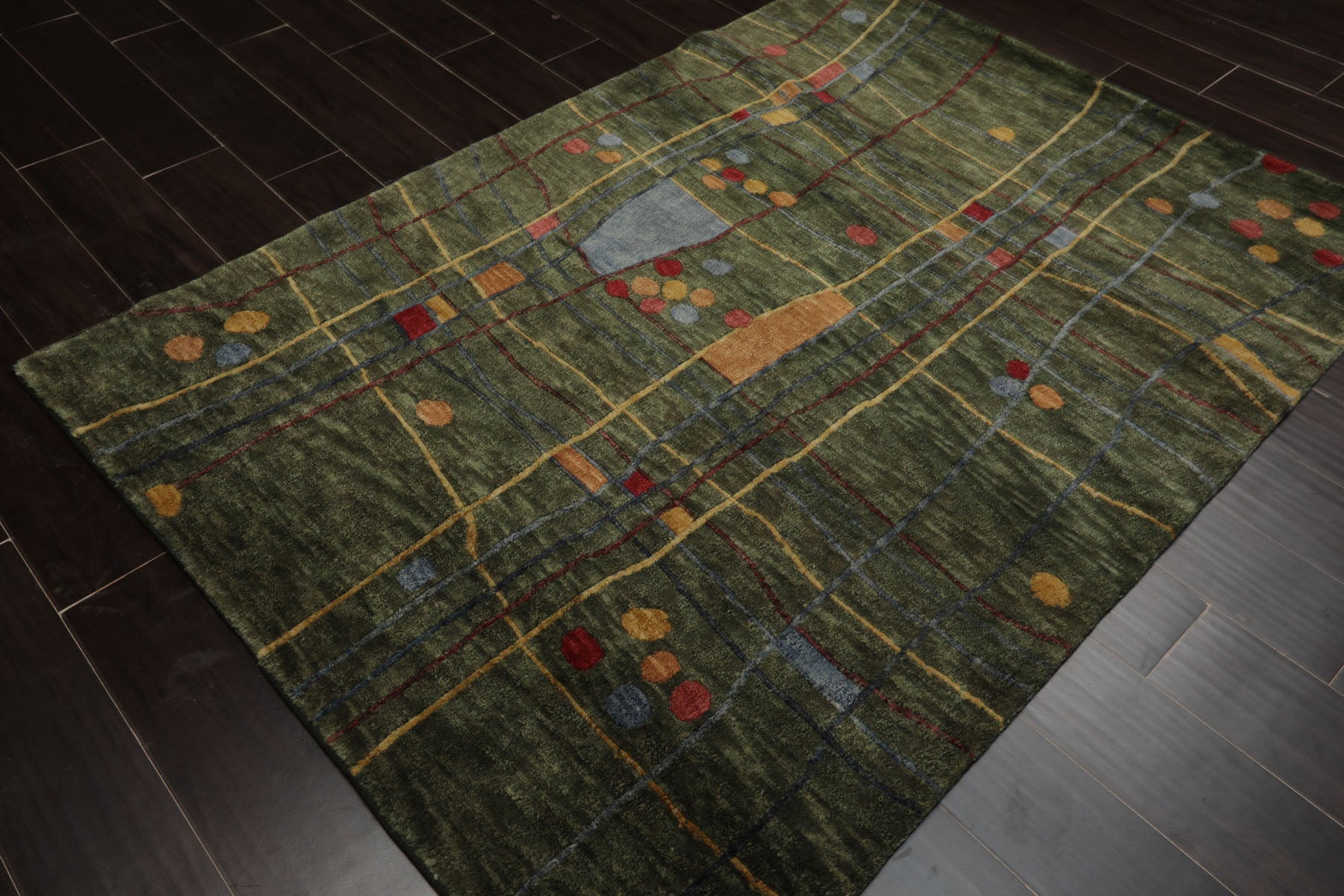 4x6 Green, Peach, Gold Color Hand Knotted Tibetan Wool Modern Oriental Rug