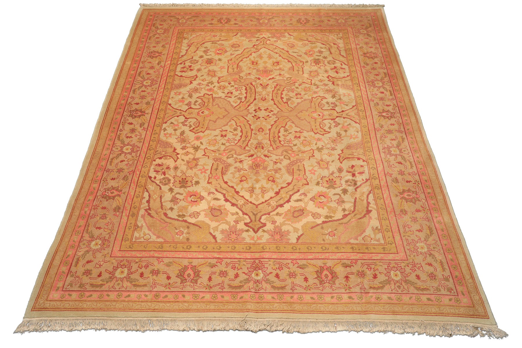 9x12 Beige, Pink, Rose Color Hand Knotted Indo Oushak Wool Arts & Crafts Oriental Rug