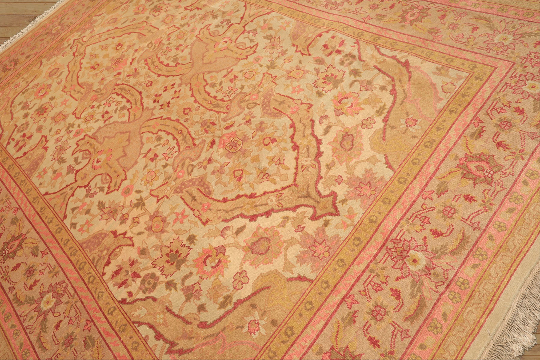 9x12 Beige, Pink, Rose Color Hand Knotted Indo Oushak Wool Arts & Crafts Oriental Rug