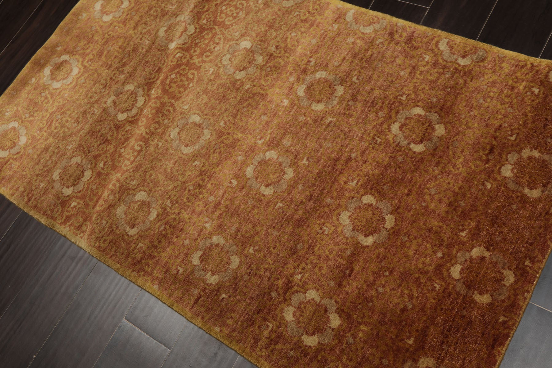 3x5 Rust, Green, Beige Color Hand Knotted Tibetan Wool Transitional Oriental Rug