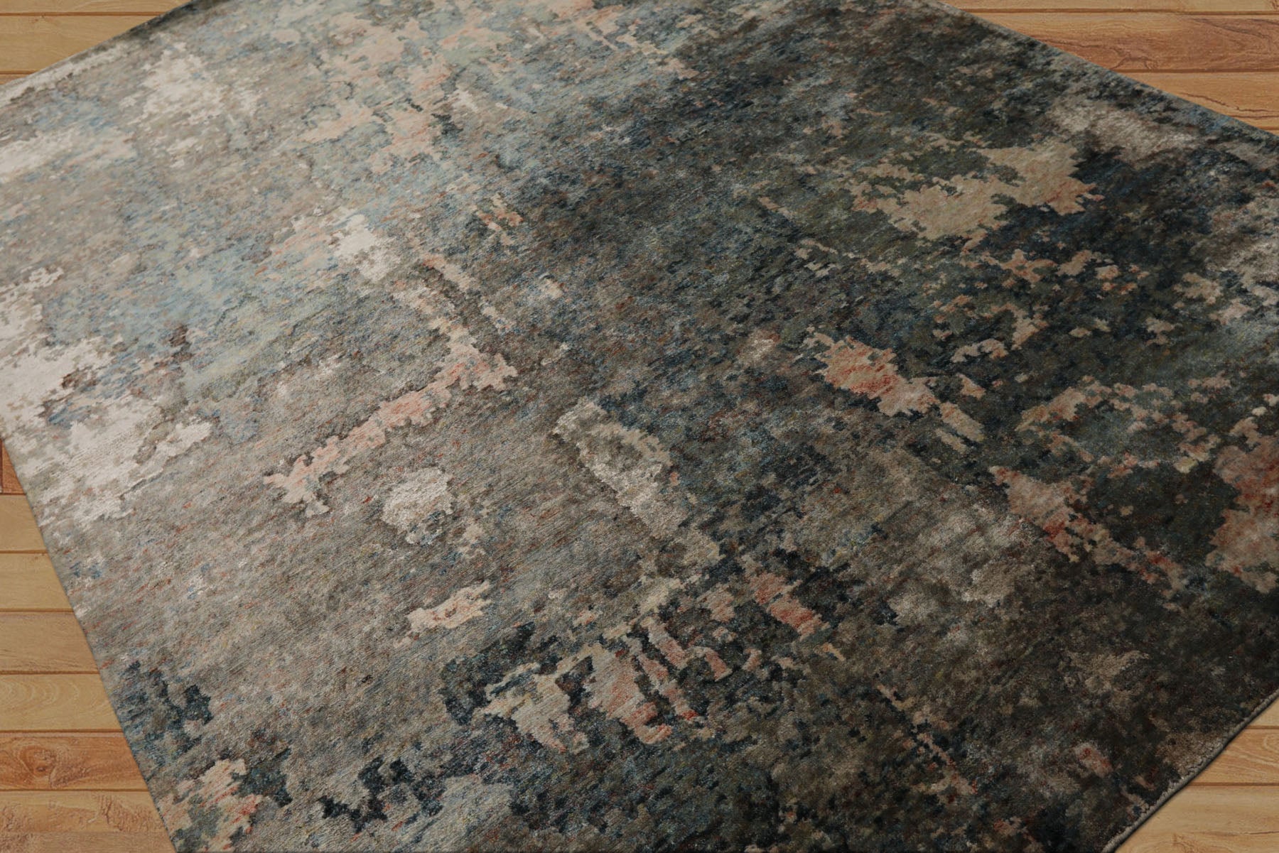 6x9 Beige, Teal, Rose Color Hand Knotted Sherpa Wool & Bamboo Silk Modern Oriental Rug