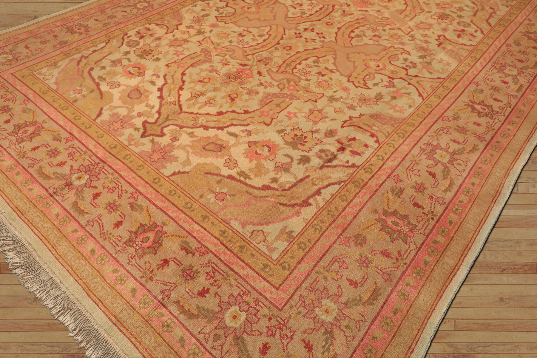 9x12 Beige, Pink, Rose Color Hand Knotted Indo Oushak Wool Arts & Crafts Oriental Rug