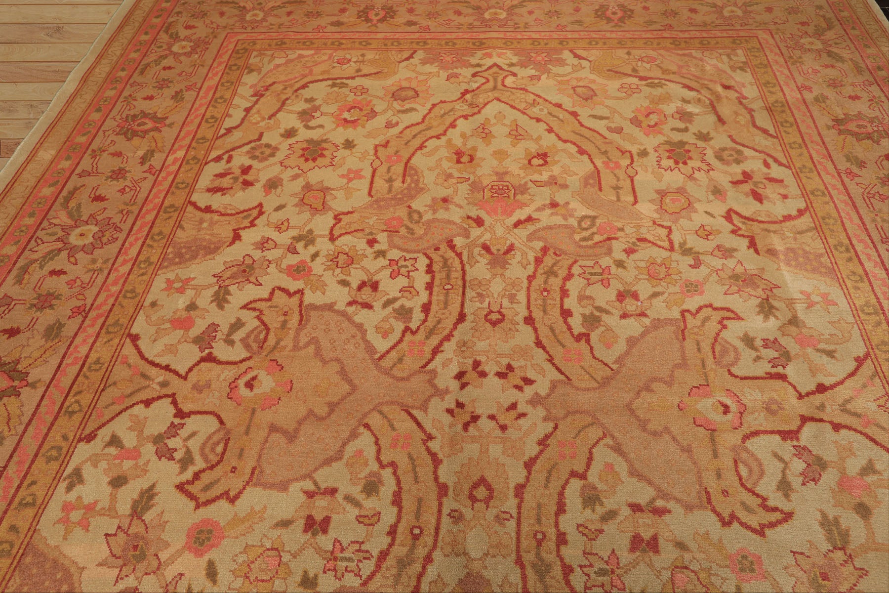 9x12 Beige, Pink, Rose Color Hand Knotted Indo Oushak Wool Arts & Crafts Oriental Rug
