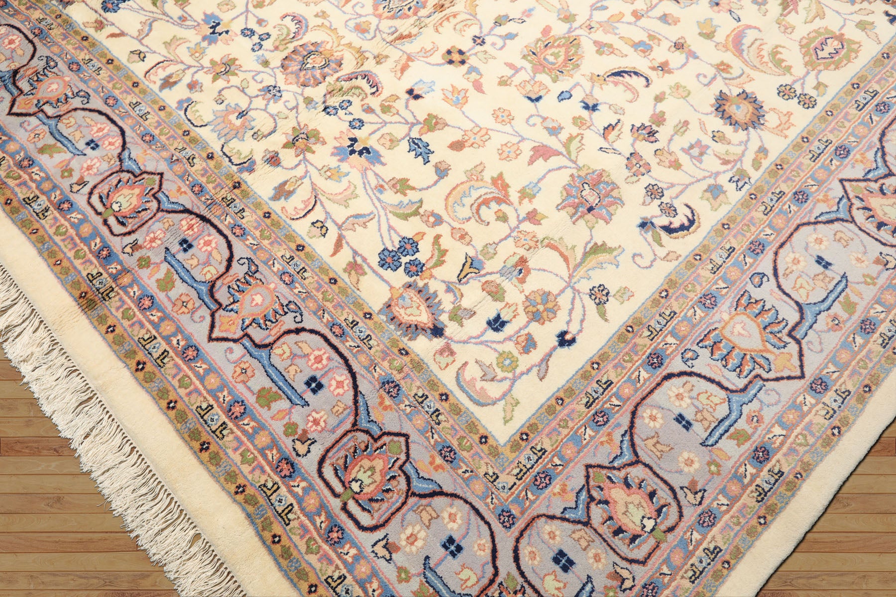 9x12 Ivory, Faded Lavender, Sage Color Hand Knotted Indo Kashan Wool Traditional Oriental Rug