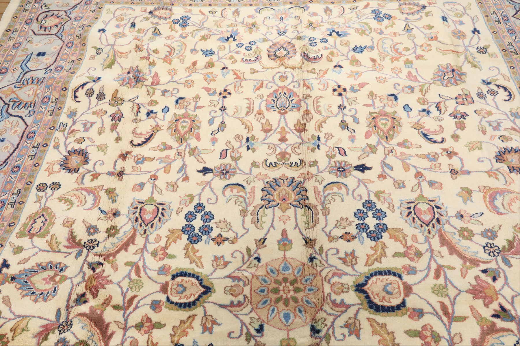 9x12 Ivory, Faded Lavender, Sage Color Hand Knotted Indo Kashan Wool Traditional Oriental Rug