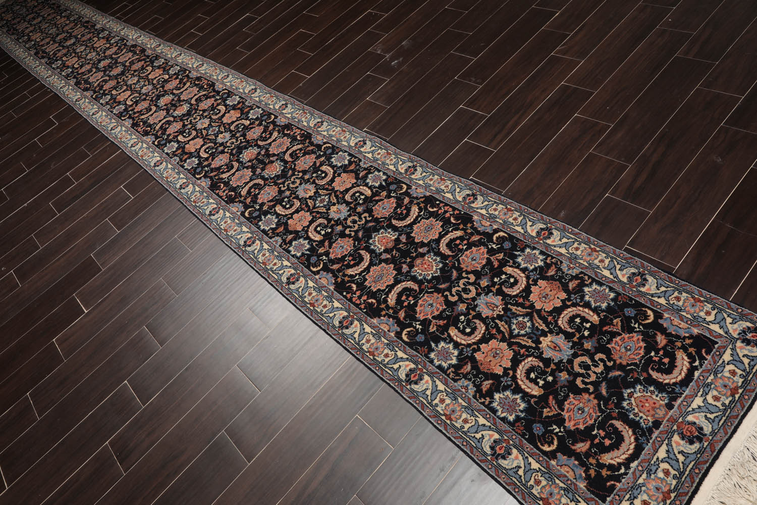 Runner Midnight Blue, Cream, Apricot Color Hand Knotted All-Over 100% Wool Traditional Oriental Rug