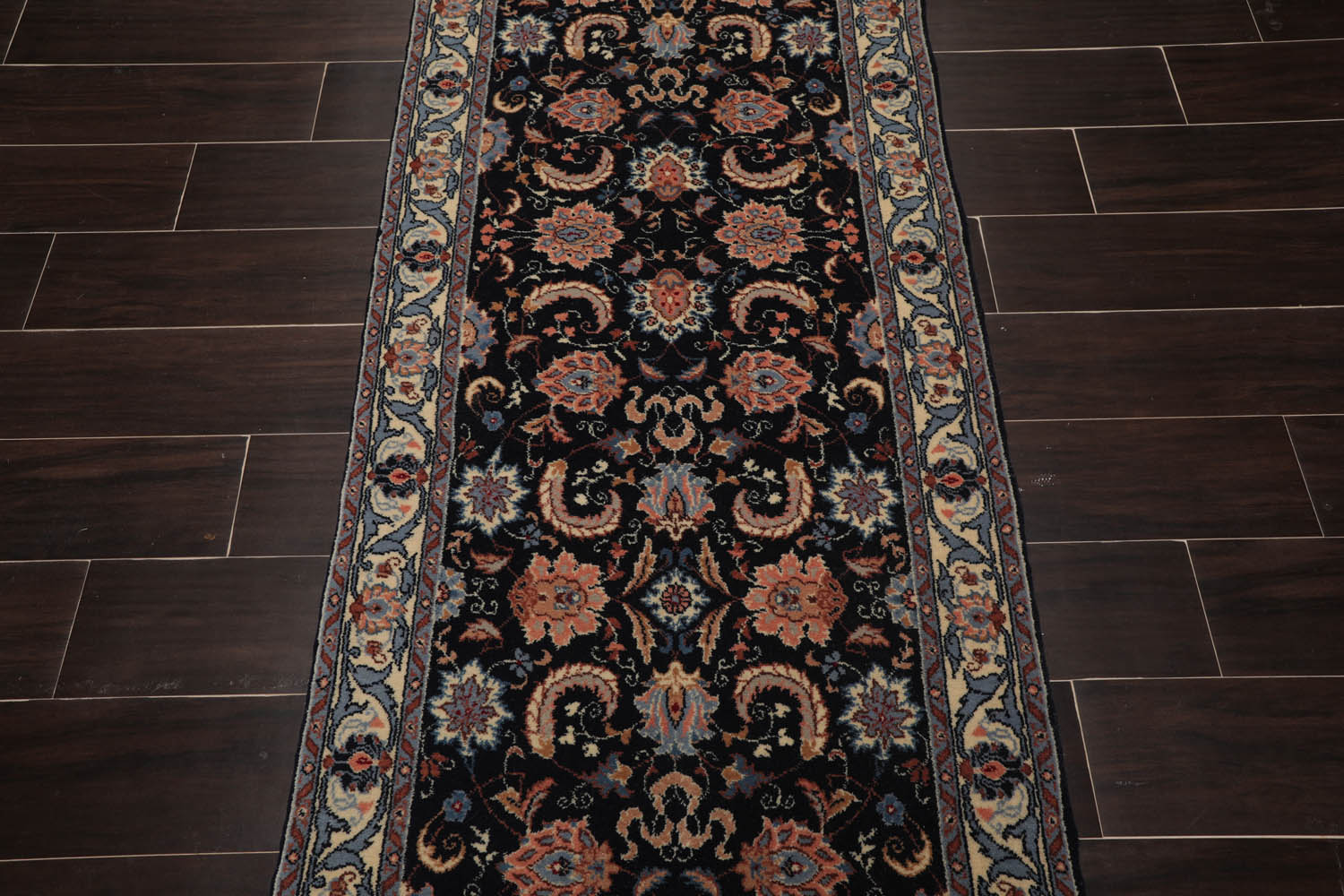 Runner Midnight Blue, Cream, Apricot Color Hand Knotted All-Over 100% Wool Traditional Oriental Rug