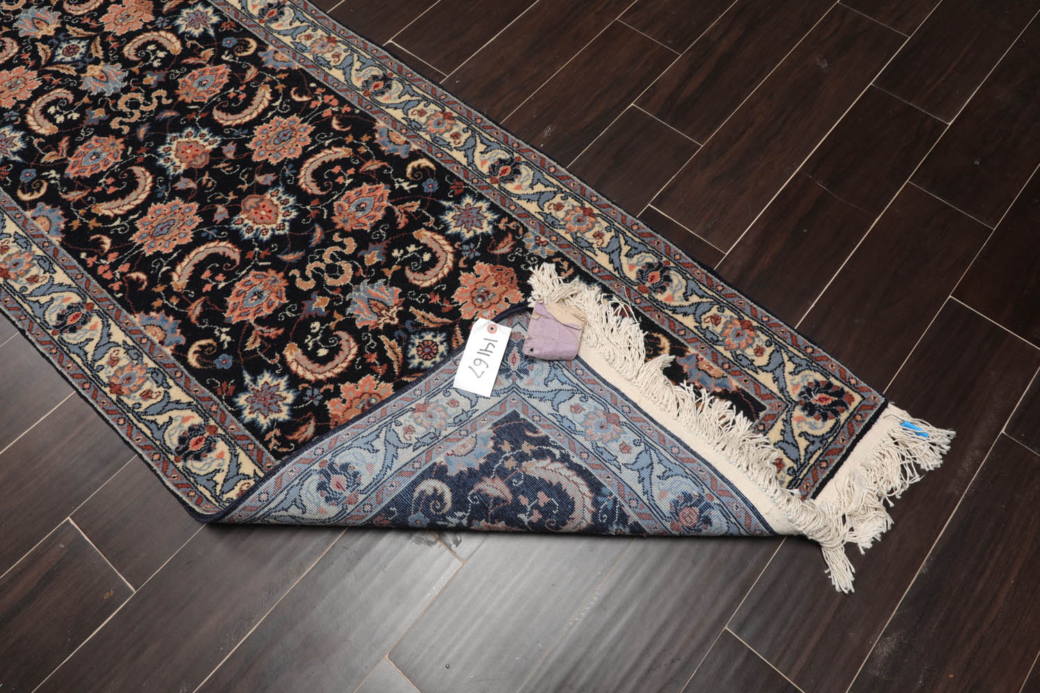 Runner Midnight Blue, Cream, Apricot Color Hand Knotted All-Over 100% Wool Traditional Oriental Rug