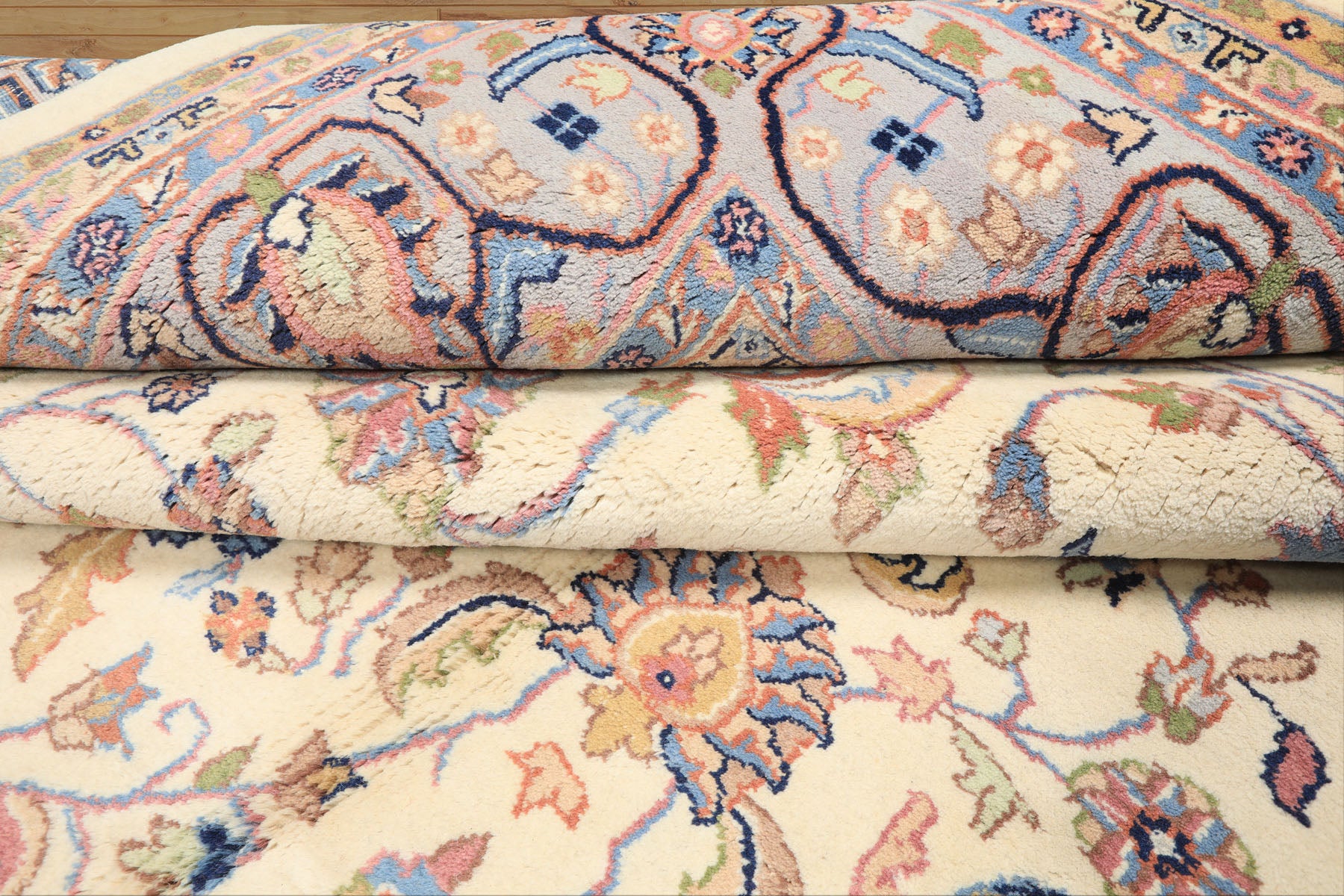 9x12 Ivory, Faded Lavender, Sage Color Hand Knotted Indo Kashan Wool Traditional Oriental Rug