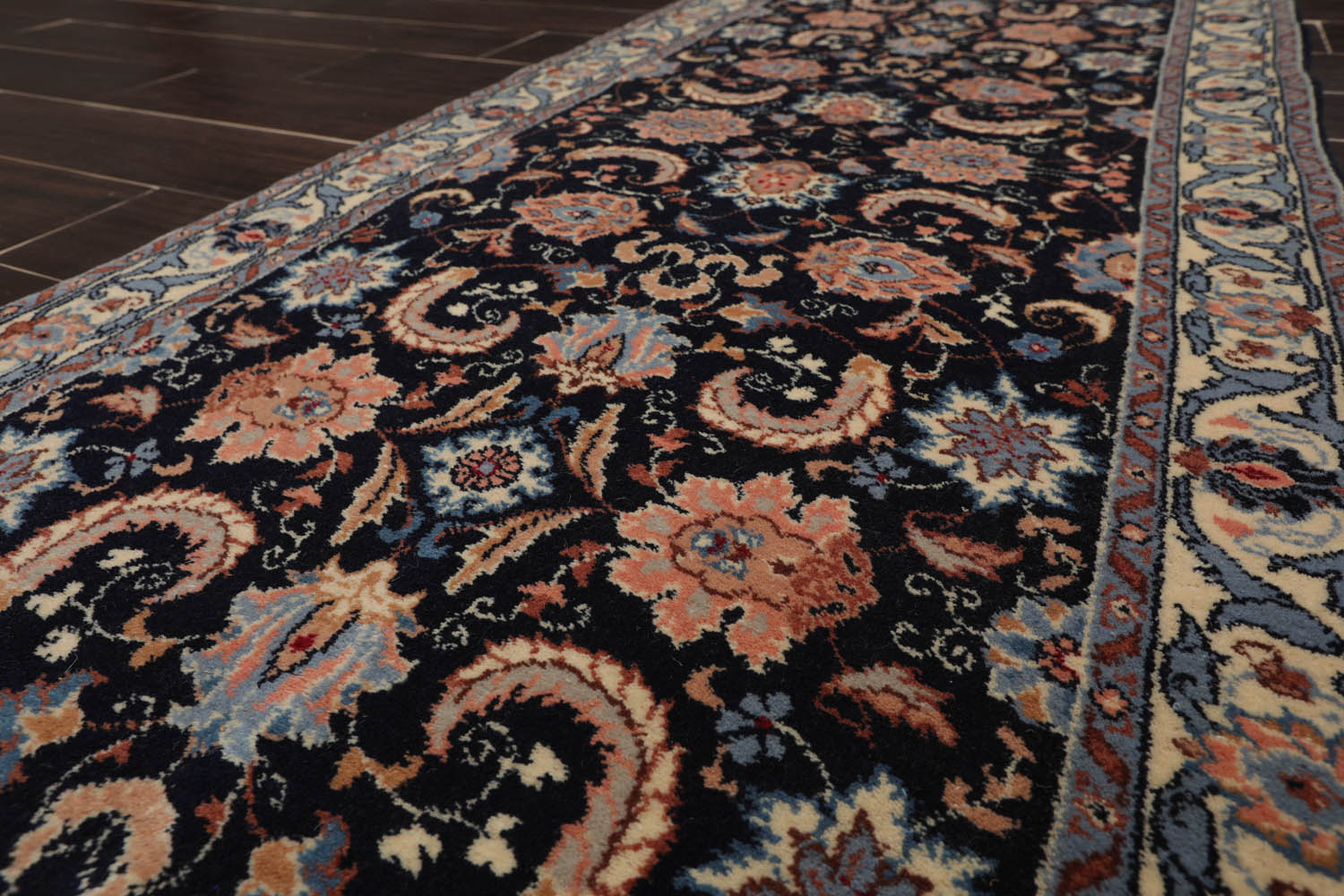 Runner Midnight Blue, Cream, Apricot Color Hand Knotted All-Over 100% Wool Traditional Oriental Rug