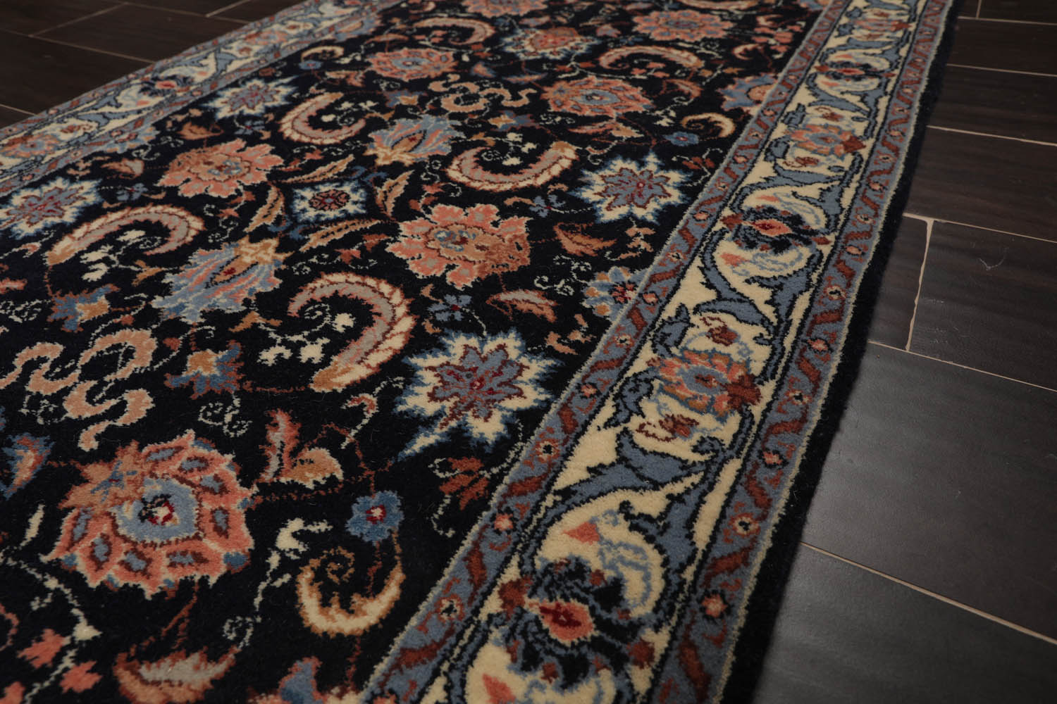 Runner Midnight Blue, Cream, Apricot Color Hand Knotted All-Over 100% Wool Traditional Oriental Rug
