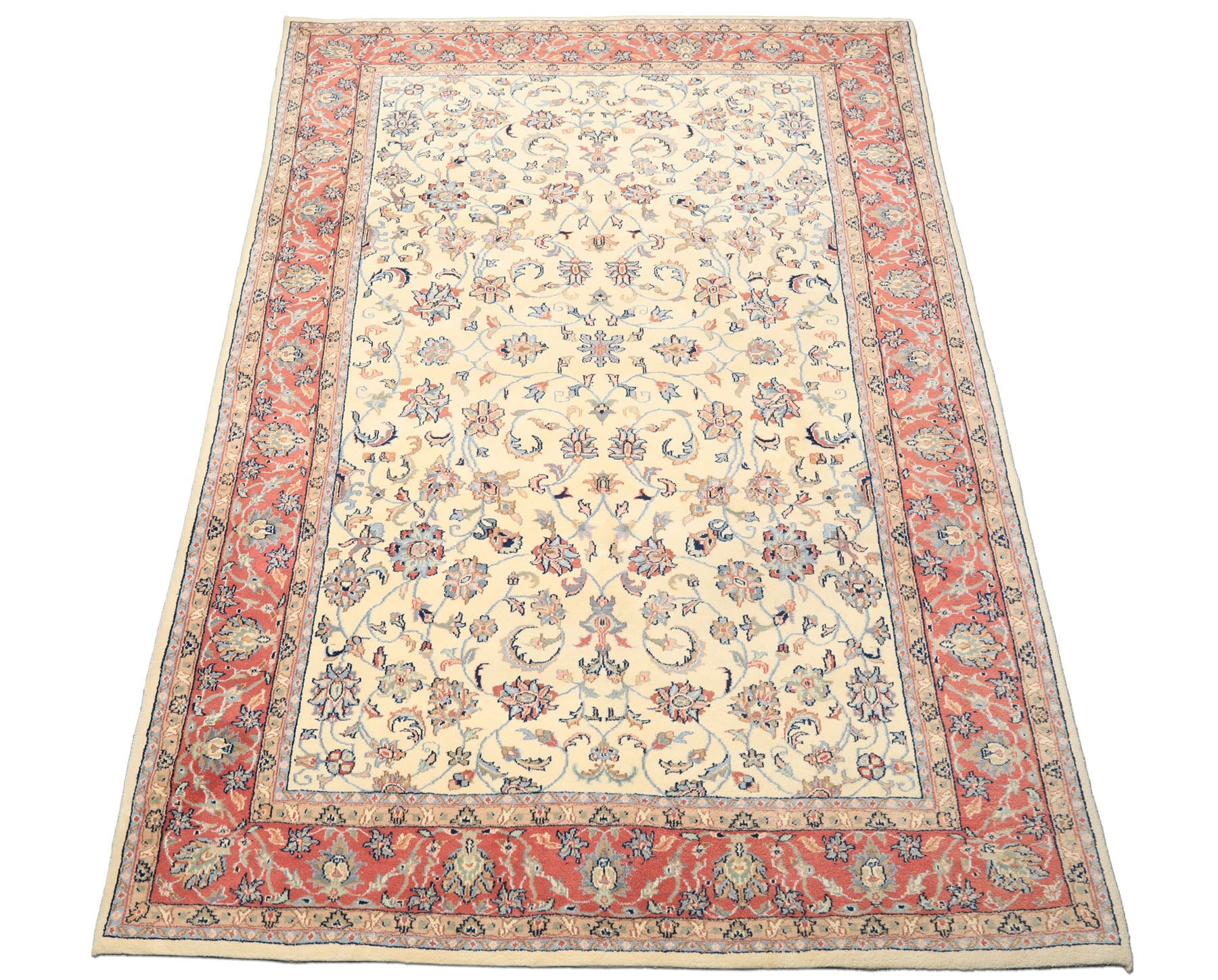 6x9 Ivory, Rose, Blue Color Hand Knotted Indo Kashan Wool Traditional Oriental Rug