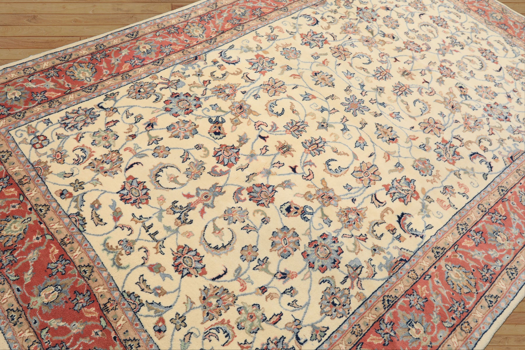6x9 Ivory, Rose, Blue Color Hand Knotted Indo Kashan Wool Traditional Oriental Rug